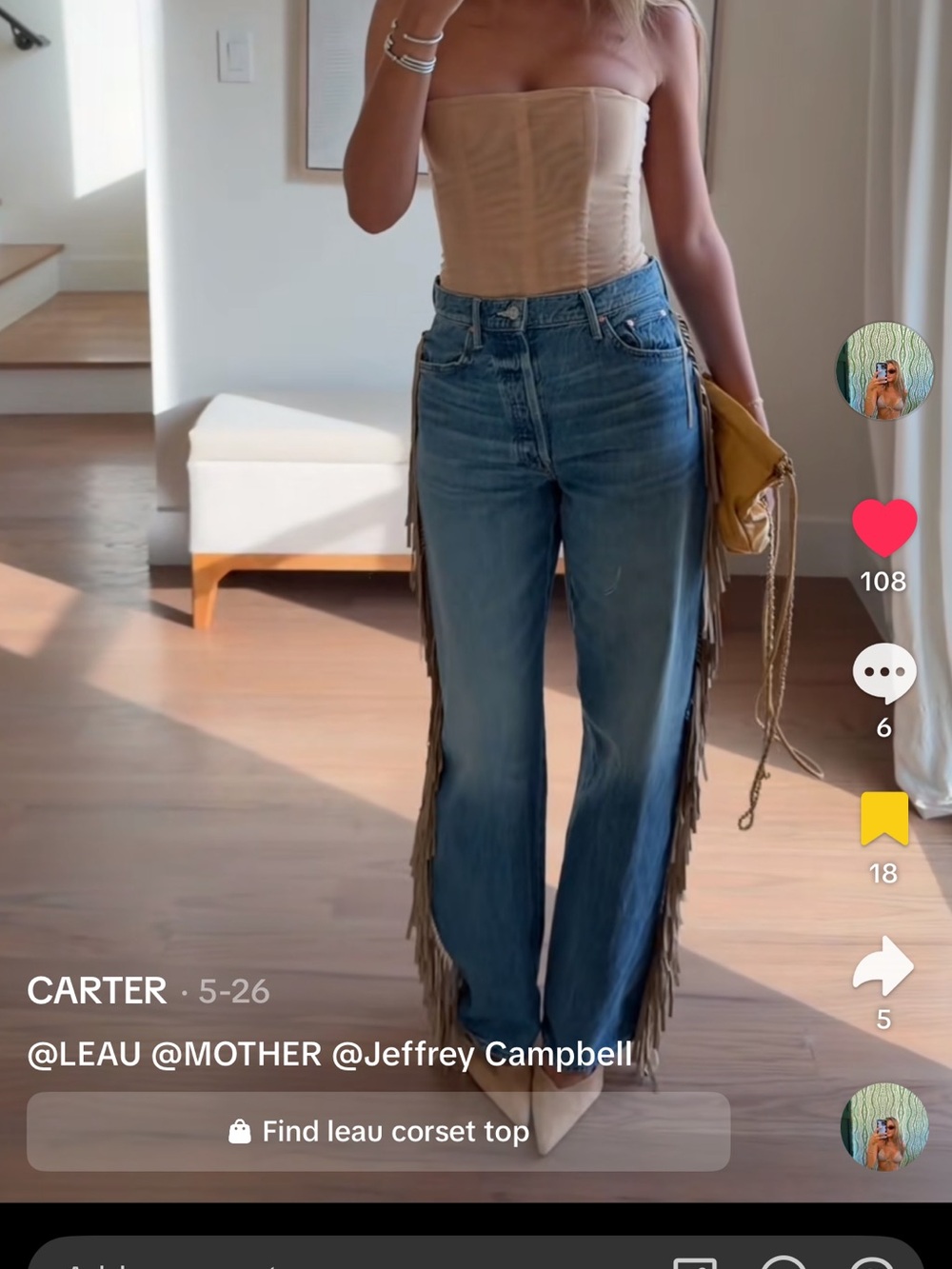 MOTHER Blue Denim Flare Jeans with Tan Fringe - Picture 10 of 10